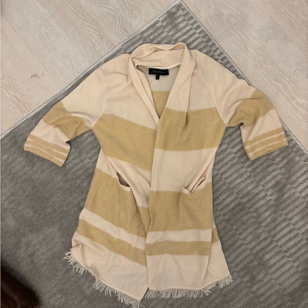 St. John Cream and Tan Striped Cardigan
